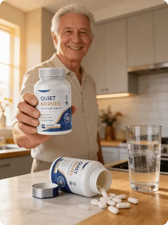 A smiling gray-haired man in a sunny kitchen holding a Quiet Nerves bottle, with capsules and a glass of water on the counter