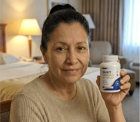 A woman in a tan sweater holding up a Quiet Nerves bottle in a lamp-lit bedroom