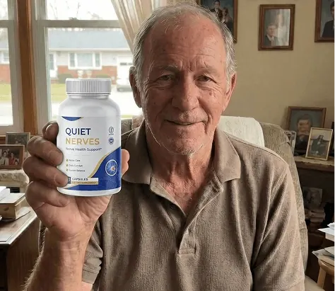 An adult holding a Quiet Nerves bottle in a brand photo