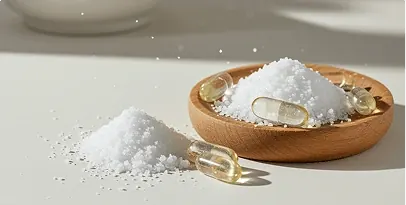 White magnesium glycinate powder in a wooden bowl with clear capsules