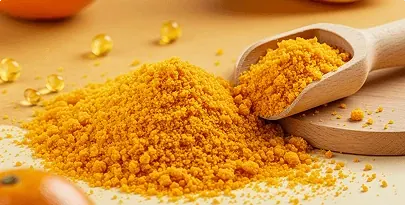 Orange-yellow coenzyme Q10 powder on a wooden scoop