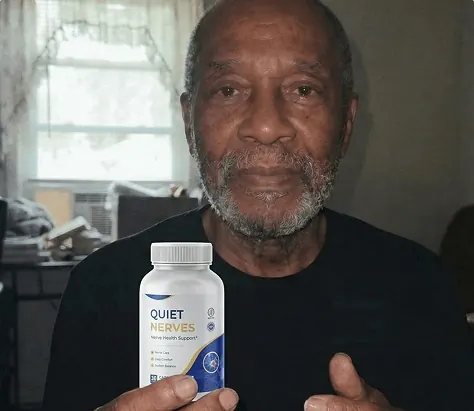 Another adult model holding a Quiet Nerves bottle