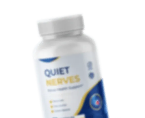 A tilted Quiet Nerves bottle in soft focus on a dark background