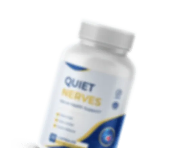 A Quiet Nerves bottle tilted to the right, showing the front label