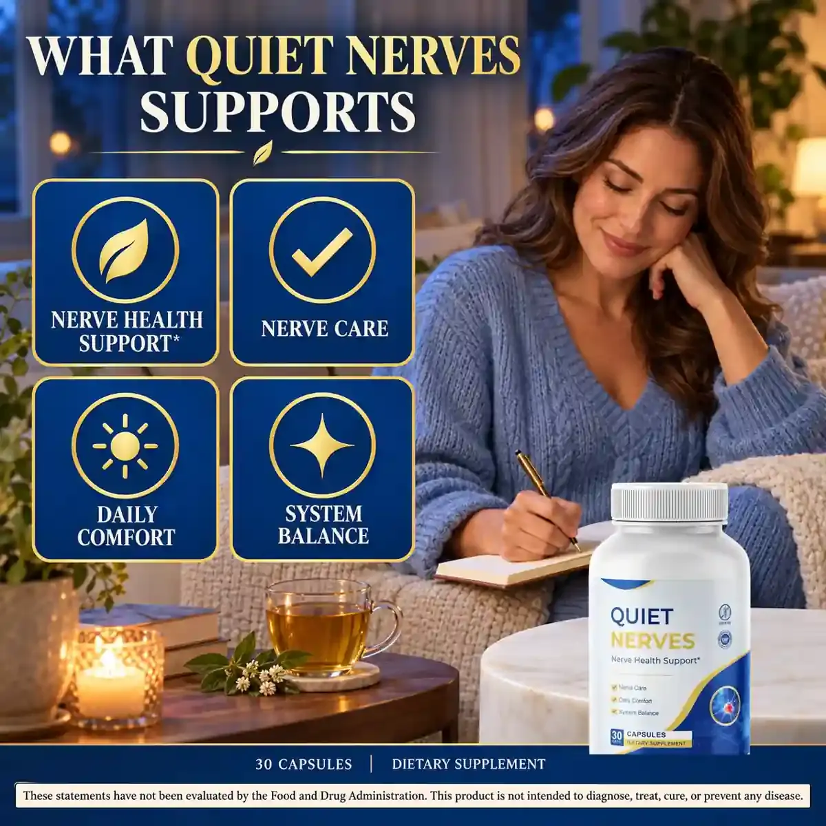 Brand graphic titled What Quiet Nerves Supports with four phrase tiles beside a woman writing in a journal