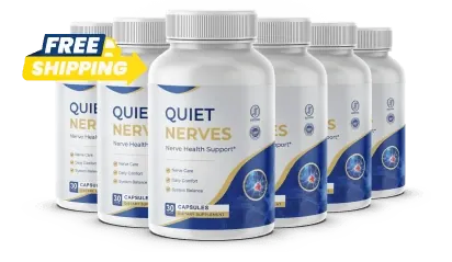 Six Quiet Nerves bottles in a row with a Free Shipping ribbon